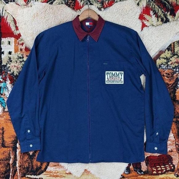 1990s Y2K Tommy Hilfiger Athletic Navy Blue Jogger Zip-Up Cotton Jacket Sz M/L - Picture 1 of 8